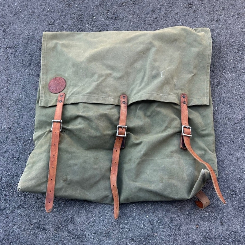 Duluth Pack Vintage Canvas Canoe Pack Rucksack Olive Green Leather Made in USA